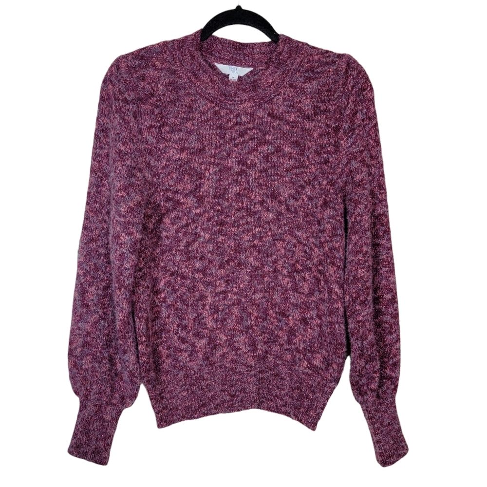 Time and Tru Purple Fuzzy Sweater Size Medium 8-10 Long Knit Puff Sleeves Womens